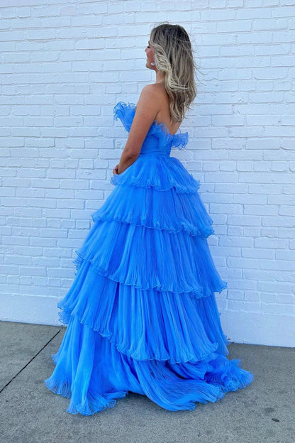 Blue Strapless Princess Tulle Layers Ruffles Long Prom Dress