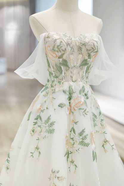Beautiful Floral Lace Tulle Long Prom Dress, White Off the Shoulder Evening Party Dress