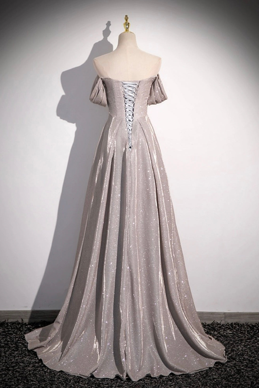 Grey Sequins Ruffle Long Party Dress, Off the Shoulder Short Sleeve Sweep Train Evening Dress