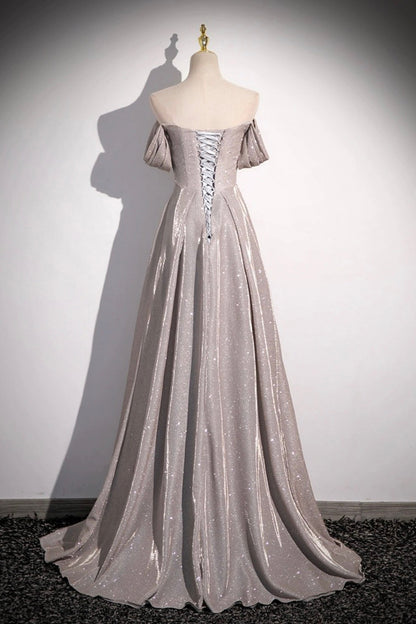 Grey Sequins Ruffle Long Party Dress, Off the Shoulder Short Sleeve Sweep Train Evening Dress