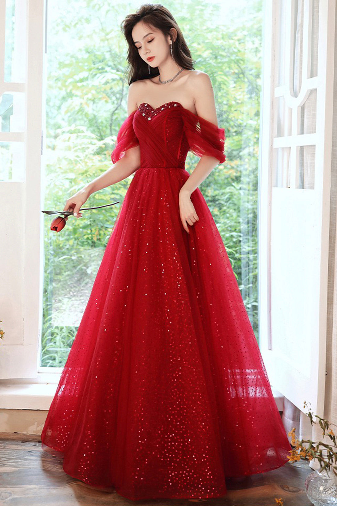 Beautiful Sweetheart Neckline Tulle Long Prom Dress, Off the Shoulder Evening Party Dress