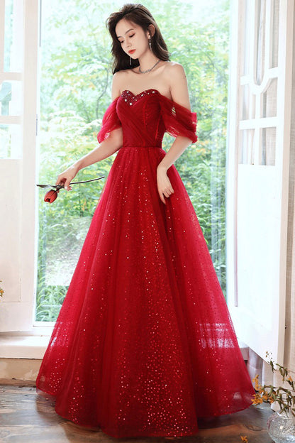 Beautiful Sweetheart Neckline Tulle Long Prom Dress, Off the Shoulder Evening Party Dress