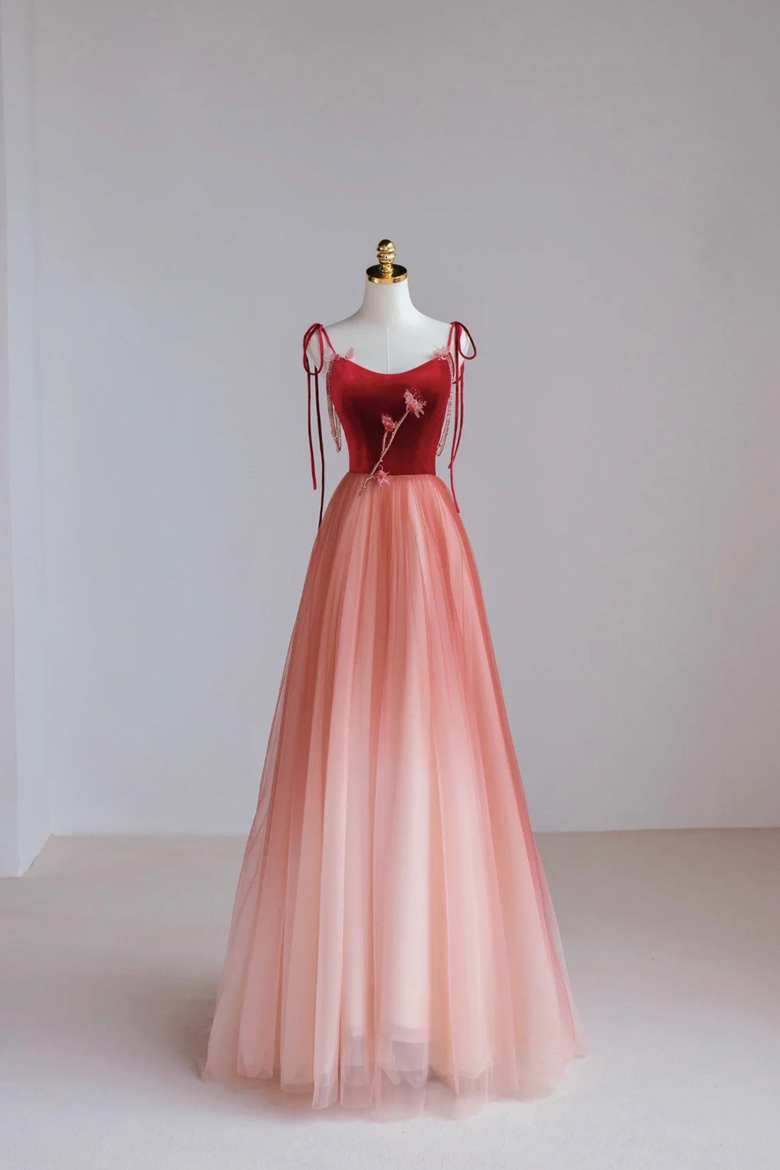 Burgundy Velvet Tulle Long Formal Dress, Beautiful A-Line Spaghetti Strap Evening Dress