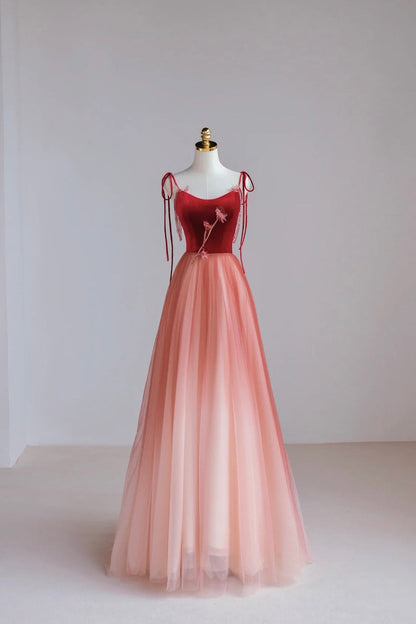 Burgundy Velvet Tulle Long Formal Dress, Beautiful A-Line Spaghetti Strap Evening Dress