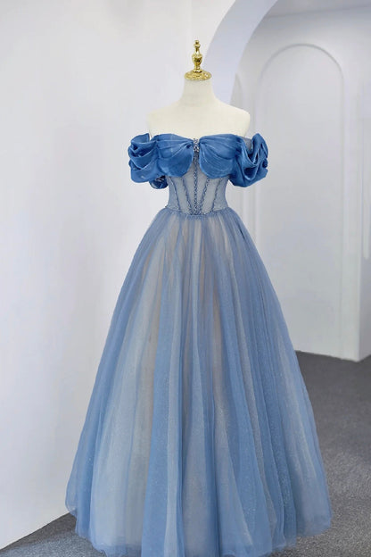 Blue Tulle Beaded Floor Length A-Line Prom Dress, Elegant Off the Shoulder Evening Party Dress