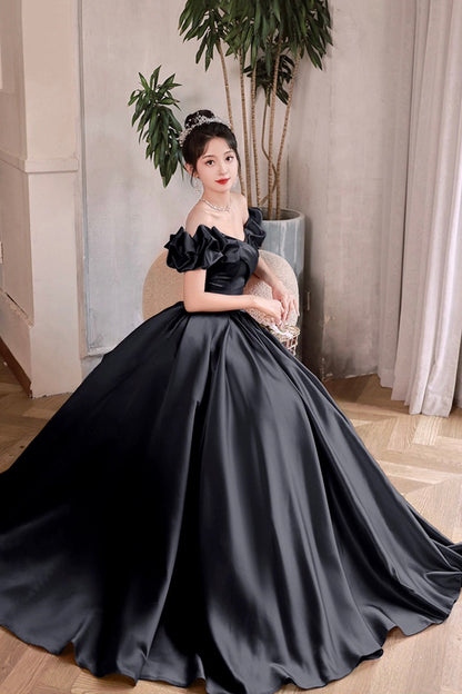 Black Satin Floor Length A-Line Prom Dress, Off the Shoulder Evening Party Dress