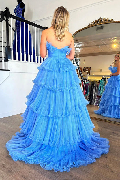 Blue Strapless Princess Tulle Layers Ruffles Long Prom Dress