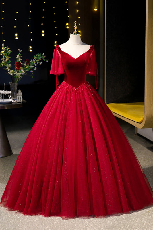 Burgundy Velvet and Tulle Long Prom Dress, A-Line V-Neck Formal Evening Dress