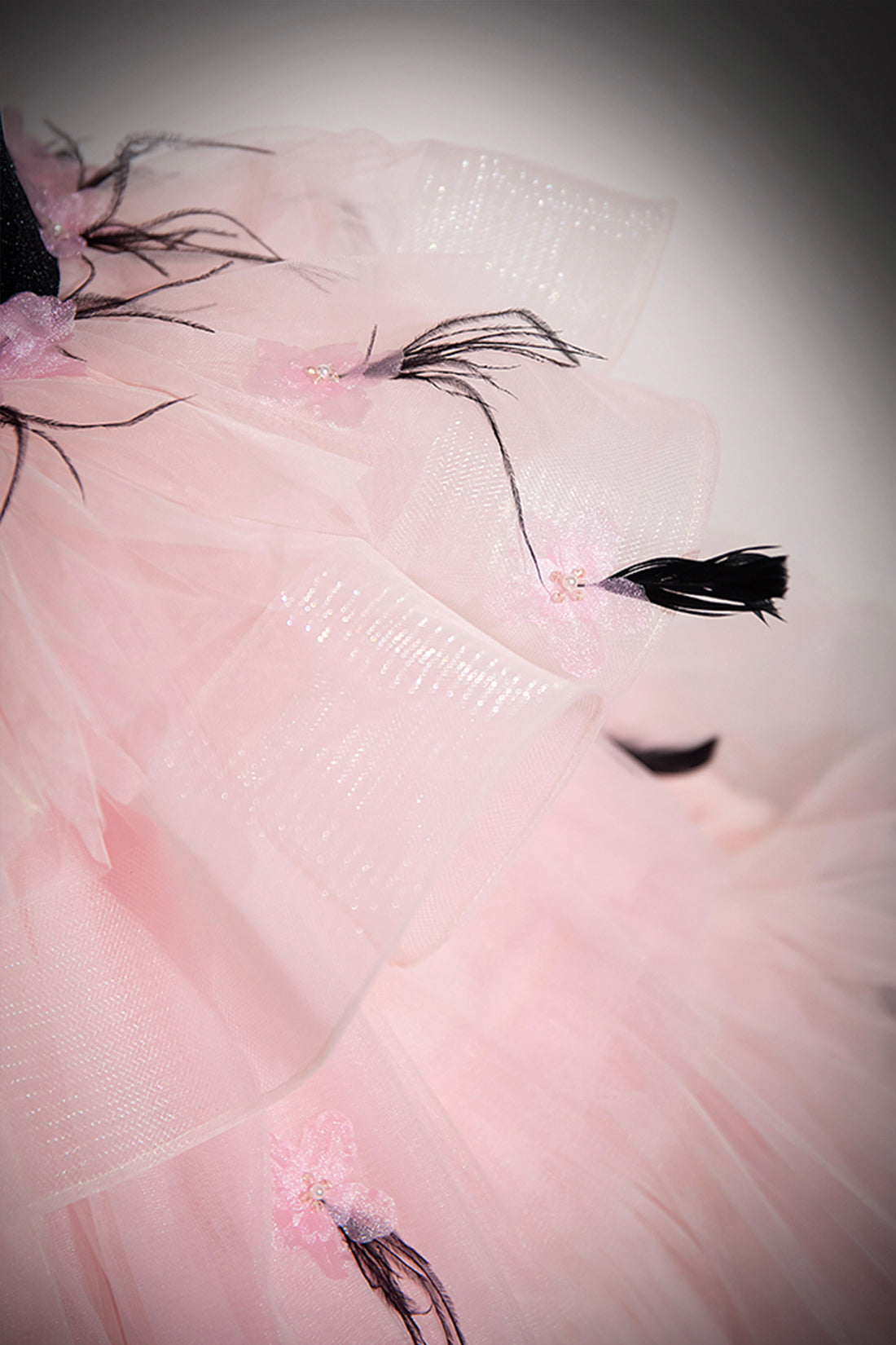 Black Velvet and Pink Tulle Strapless Ball Gown, Pink Backless Ruffles Formal Evening Dress