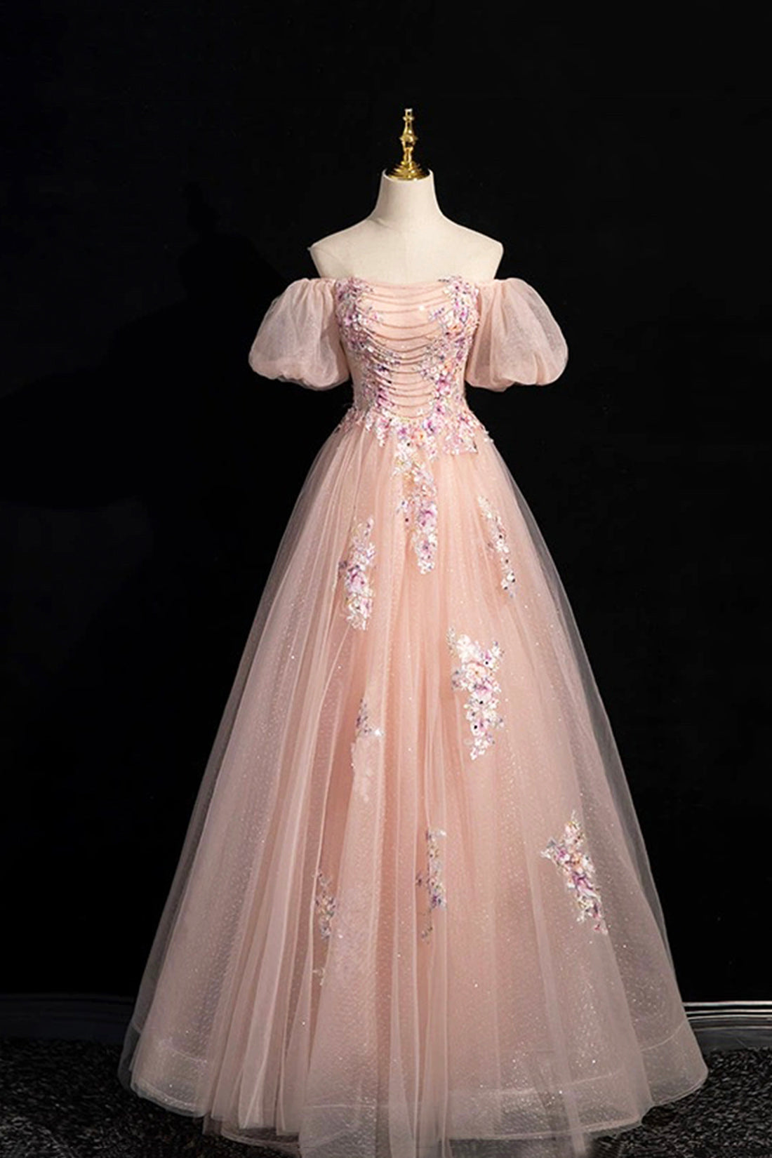 Pink Tulle Lace Floor Length Prom Dress, Off the Shoulder Formal Evening Dress
