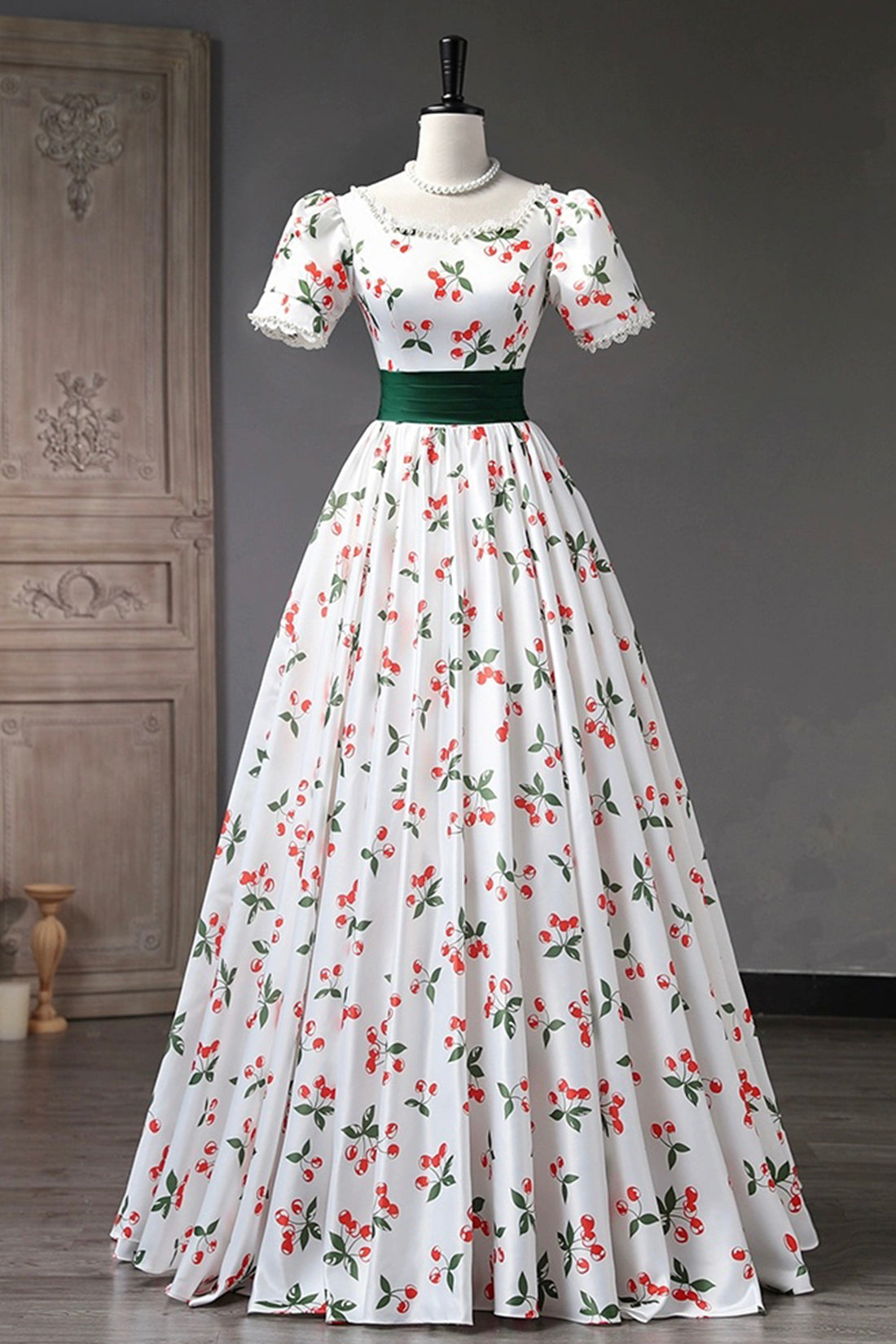 Cute Cherry Pattern Long Princess Prom Dress, White A-Line Evening Party Dress
