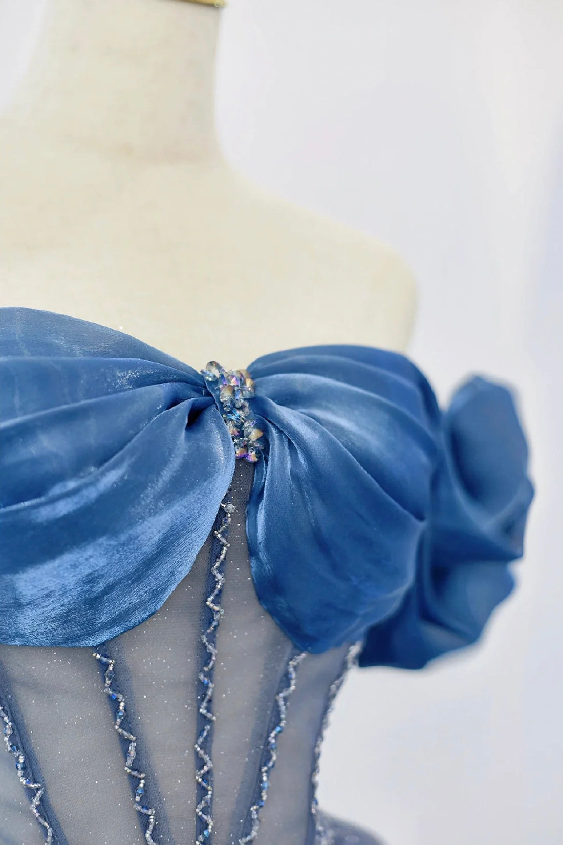 Blue Tulle Beaded Floor Length A-Line Prom Dress, Elegant Off the Shoulder Evening Party Dress