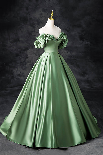 Green Satin Long A-Line Party Dress, Off the Shoulder Formal Evening Dress