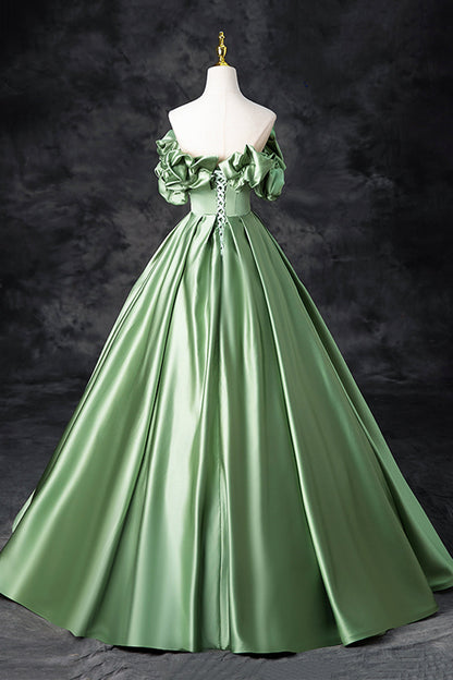 Green Satin Long A-Line Party Dress, Off the Shoulder Formal Evening Dress