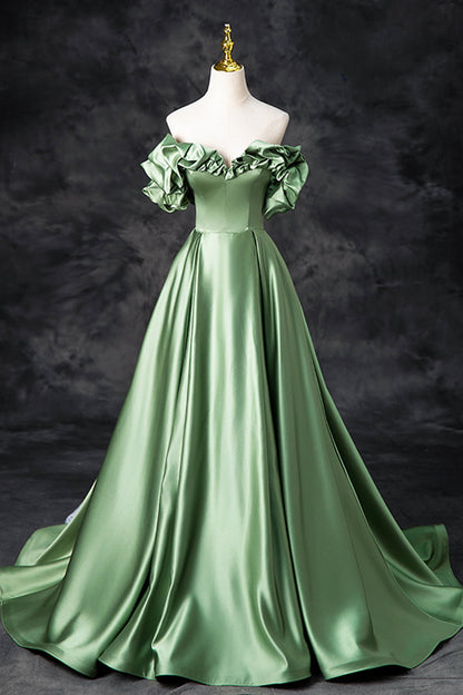 Green Satin Long A-Line Party Dress, Off the Shoulder Formal Evening Dress