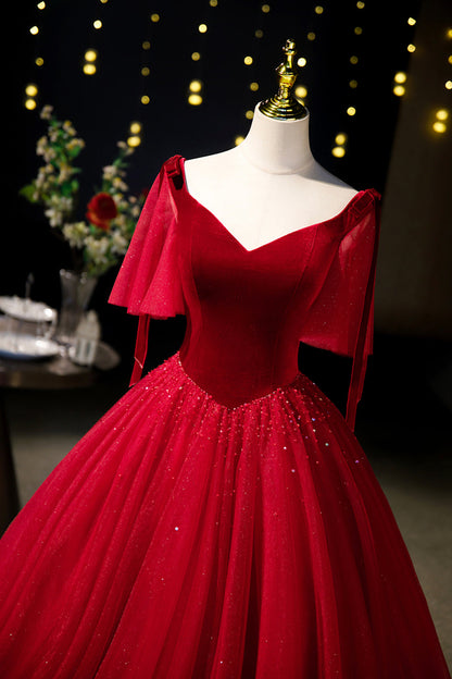Burgundy Velvet and Tulle Long Prom Dress, A-Line V-Neck Formal Evening Dress