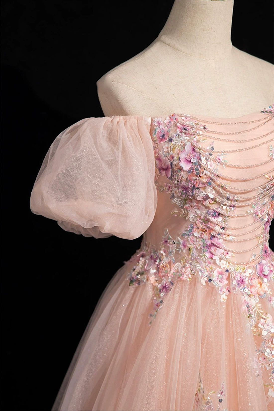 Pink Tulle Lace Floor Length Prom Dress, Off the Shoulder Formal Evening Dress