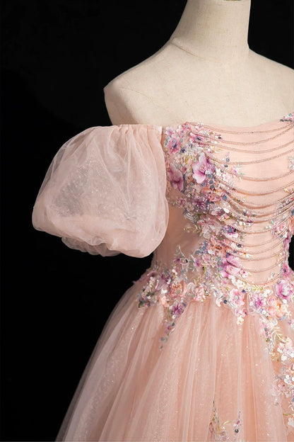 Pink Tulle Lace Floor Length Prom Dress, Off the Shoulder Formal Evening Dress