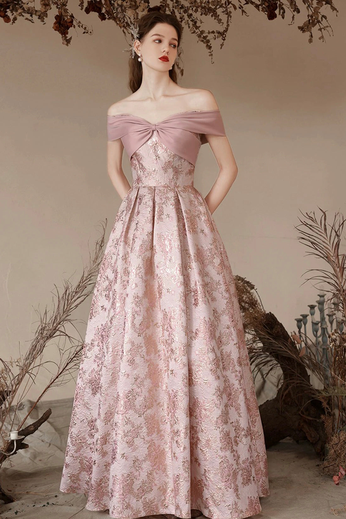 Pink Printed Long Prom Party Dress, Beautiful Off the Shoulder Evening Dress