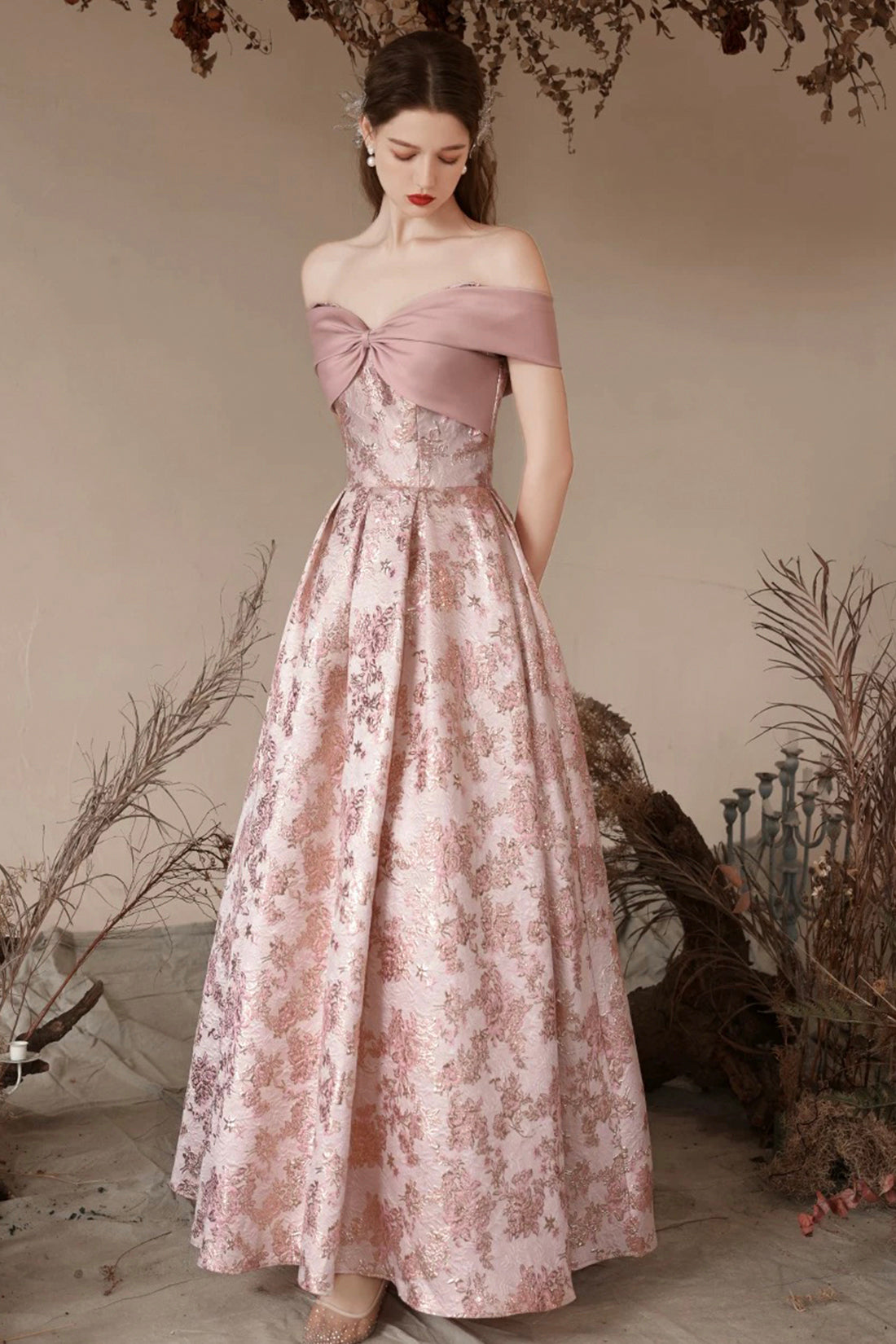Pink Printed Long Prom Party Dress, Beautiful Off the Shoulder Evening Dress