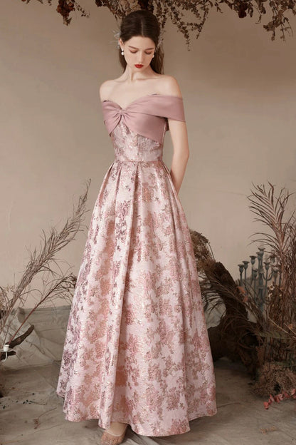 Pink Printed Long Prom Party Dress, Beautiful Off the Shoulder Evening Dress