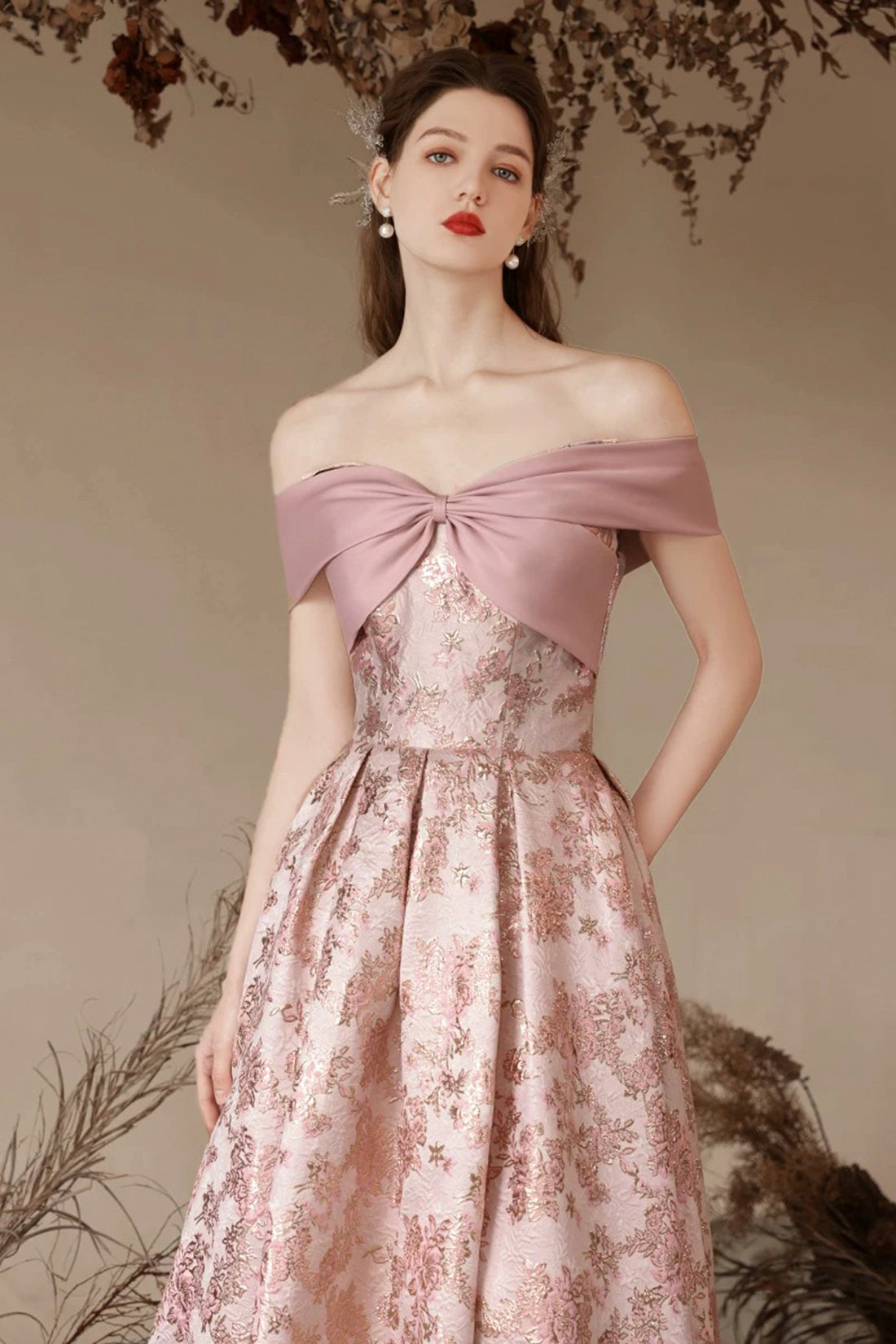 Pink Printed Long Prom Party Dress, Beautiful Off the Shoulder Evening Dress