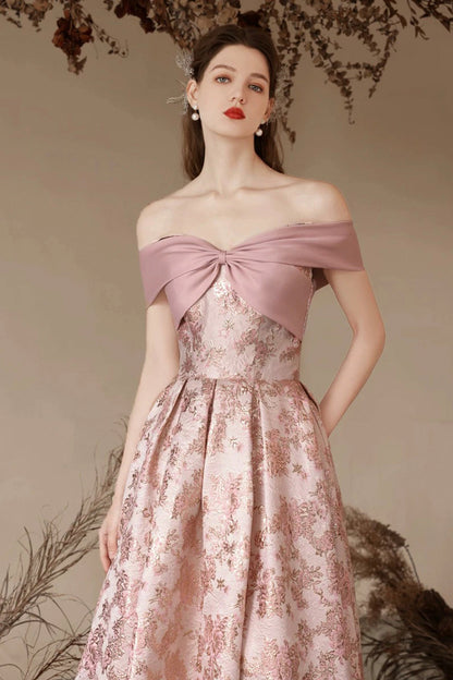 Pink Printed Long Prom Party Dress, Beautiful Off the Shoulder Evening Dress