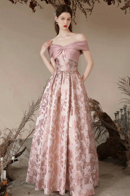Pink Printed Long Prom Party Dress, Beautiful Off the Shoulder Evening Dress