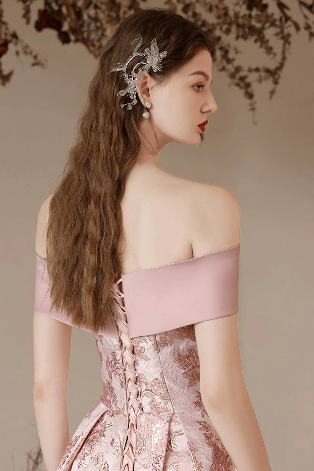 Pink Printed Long Prom Party Dress, Beautiful Off the Shoulder Evening Dress