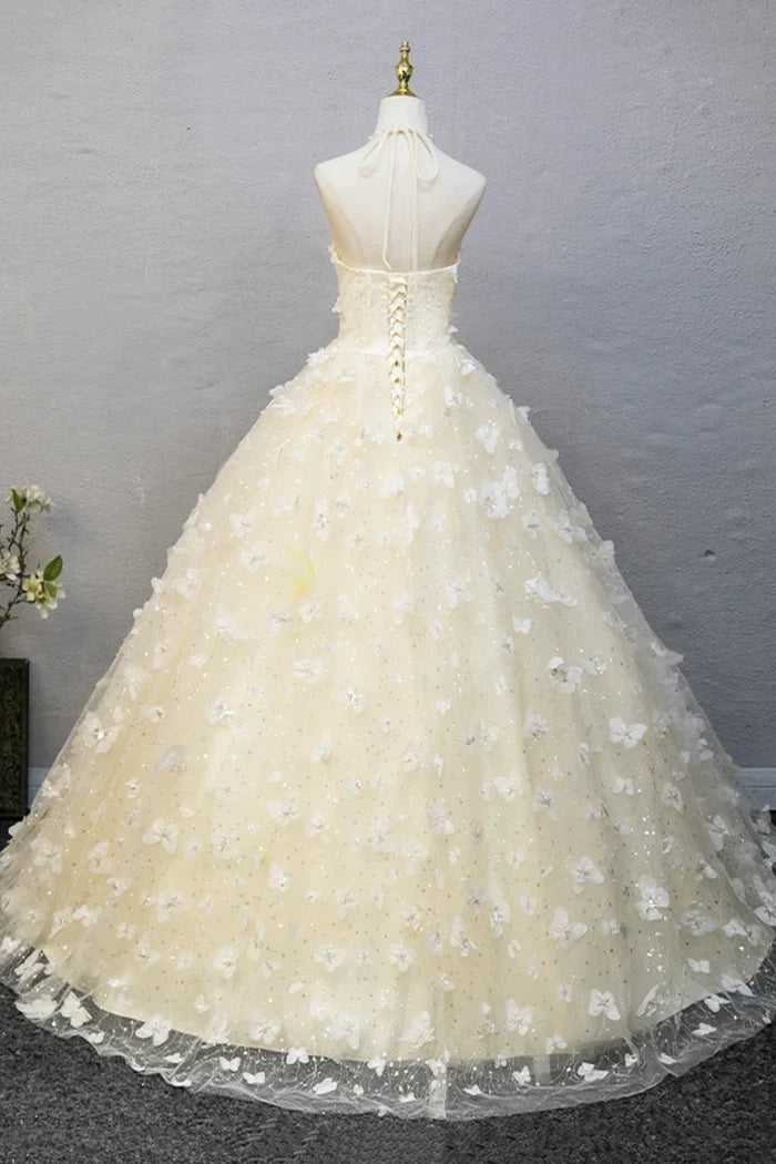 Elegant Halter Neckline Tulle Floor Length Prom Dress, off-white A-Line Evening Formal Dress ED01093