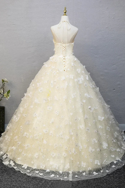 Elegant Halter Neckline Tulle Floor Length Prom Dress, off-white A-Line Evening Formal Dress ED01093