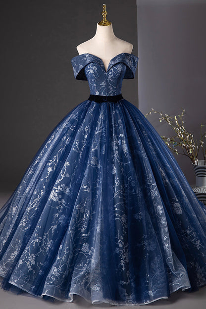 Navy Blue Glitter Printing Tulle Long Prom Dress, Elegant A-Line Party Dress