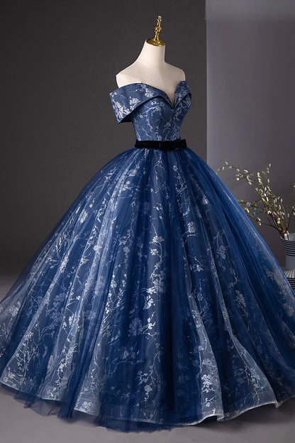 Navy Blue Glitter Printing Tulle Long Prom Dress, Elegant A-Line Party Dress