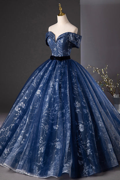 Navy Blue Glitter Printing Tulle Long Prom Dress, Elegant A-Line Party Dress