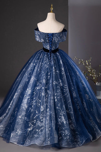 Navy Blue Glitter Printing Tulle Long Prom Dress, Elegant A-Line Party Dress