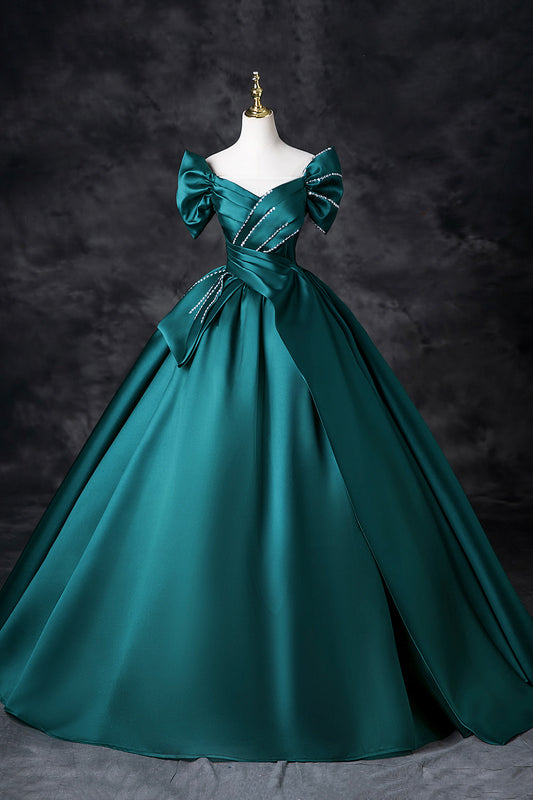 Green Satin Long A-Line Prom Dress, Green Off the Shoulder Evening Party Dress