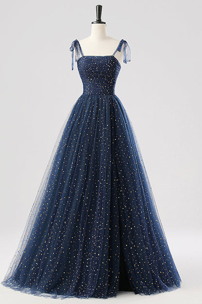 Navy Spaghetti Strap Tulle Long Prom Dress, A-Line Backless Evening Party Dress