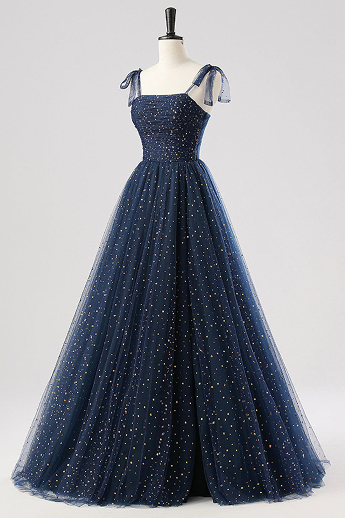 Navy Spaghetti Strap Tulle Long Prom Dress, A-Line Backless Evening Party Dress