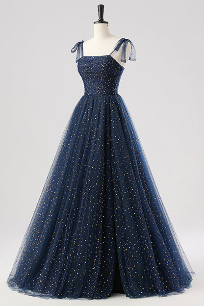 Navy Spaghetti Strap Tulle Long Prom Dress, A-Line Backless Evening Party Dress