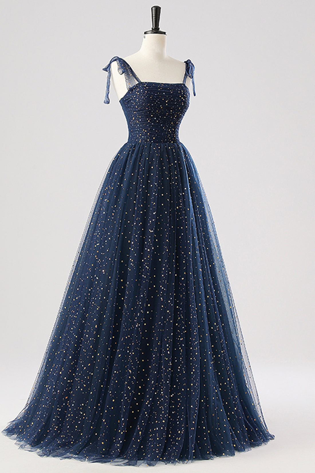 Navy Spaghetti Strap Tulle Long Prom Dress, A-Line Backless Evening Party Dress