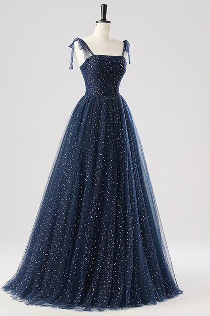 Navy Spaghetti Strap Tulle Long Prom Dress, A-Line Backless Evening Party Dress
