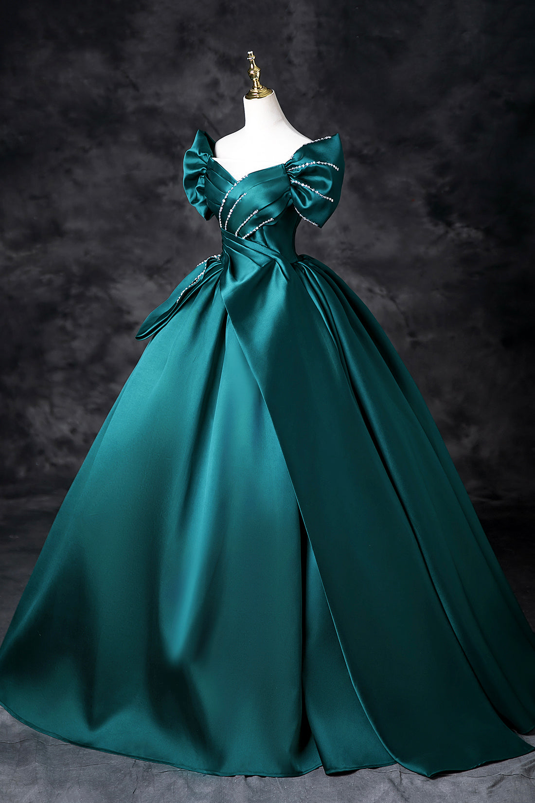 Green Satin Long A-Line Prom Dress, Green Off the Shoulder Evening Party Dress
