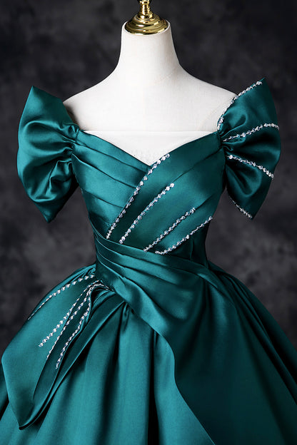 Green Satin Long A-Line Prom Dress, Green Off the Shoulder Evening Party Dress