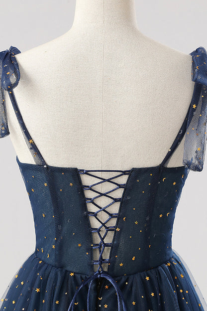 Navy Spaghetti Strap Tulle Long Prom Dress, A-Line Backless Evening Party Dress