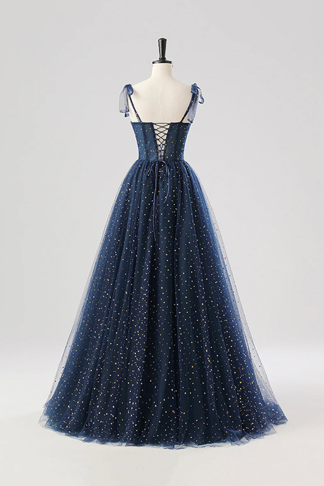 Navy Spaghetti Strap Tulle Long Prom Dress, A-Line Backless Evening Party Dress