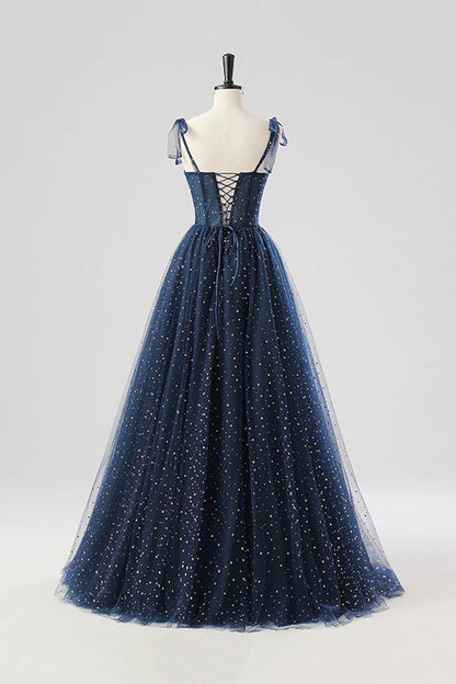 Navy Spaghetti Strap Tulle Long Prom Dress, A-Line Backless Evening Party Dress