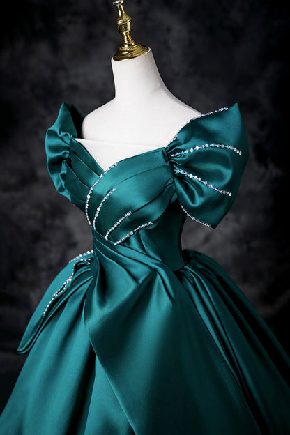 Green Satin Long A-Line Prom Dress, Green Off the Shoulder Evening Party Dress