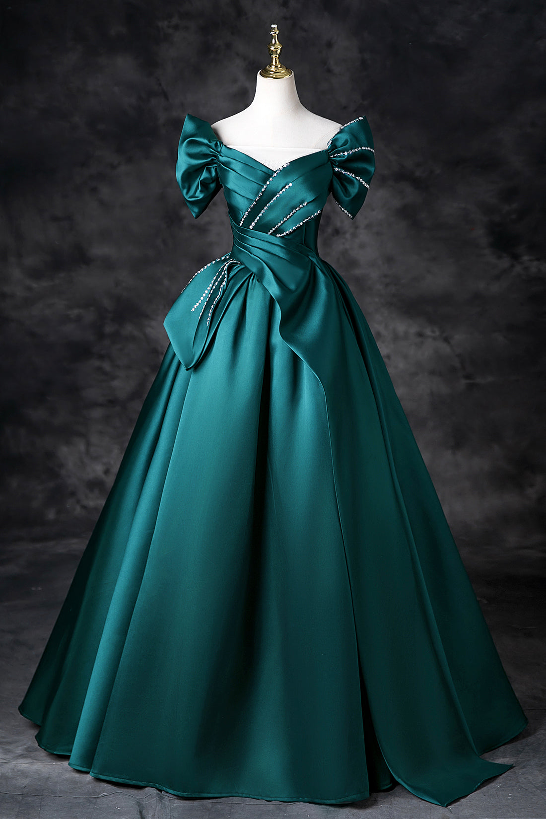 Green Satin Long A-Line Prom Dress, Green Off the Shoulder Evening Party Dress