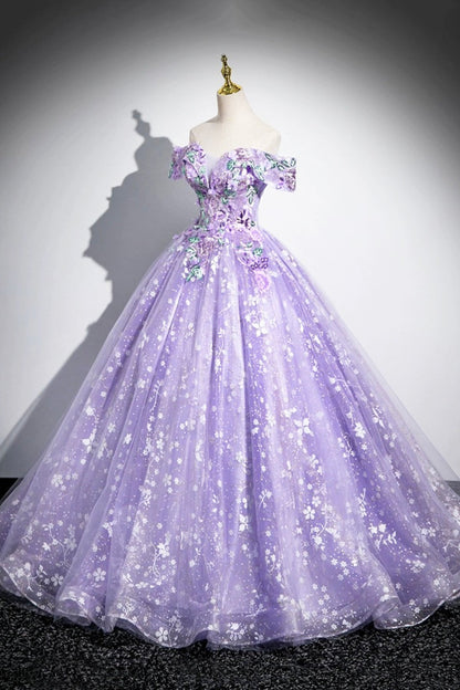 Purple Off Shoulder Lace Floor Length Party Dress, Beautiful Sweet 16 Dress Party Dress