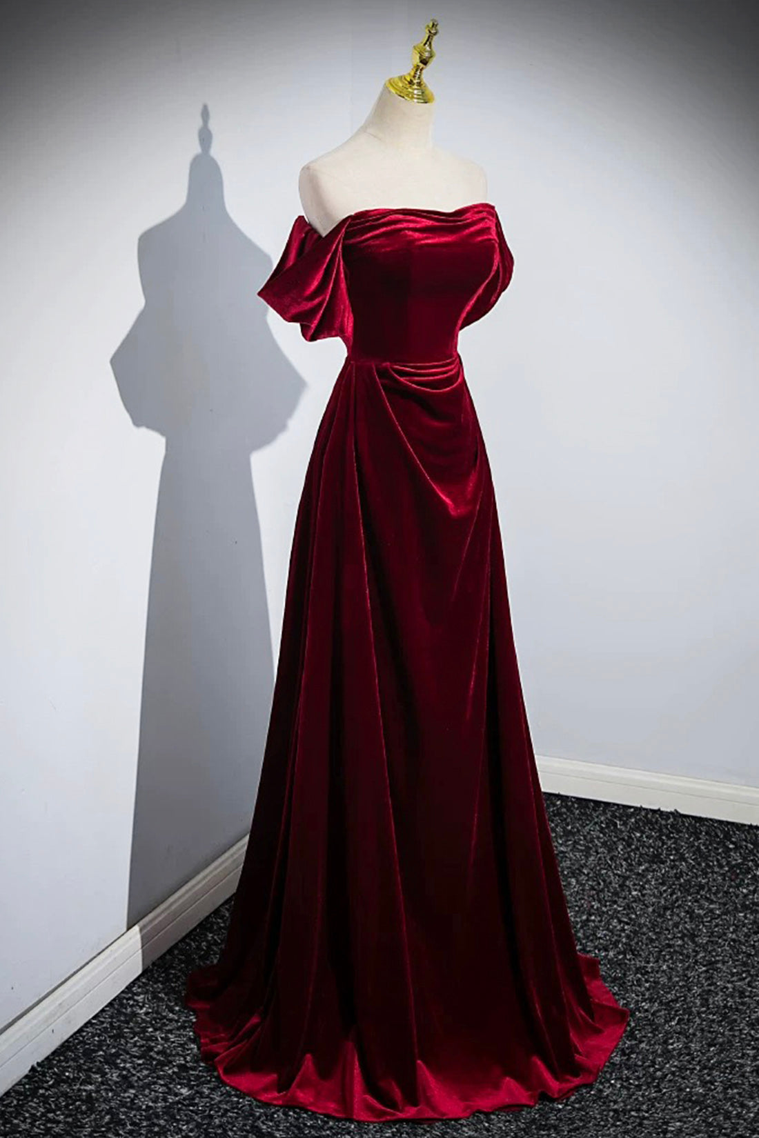 Elegant Velvet Floor Length Prom Dress, Burgundy Off the Shoulder Party Dress